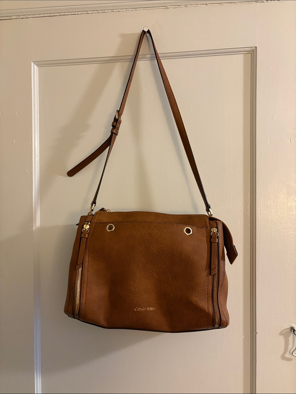 Calvin Klein Cognac Leather Reina Shoulder Bag/satchel with Gold Accents